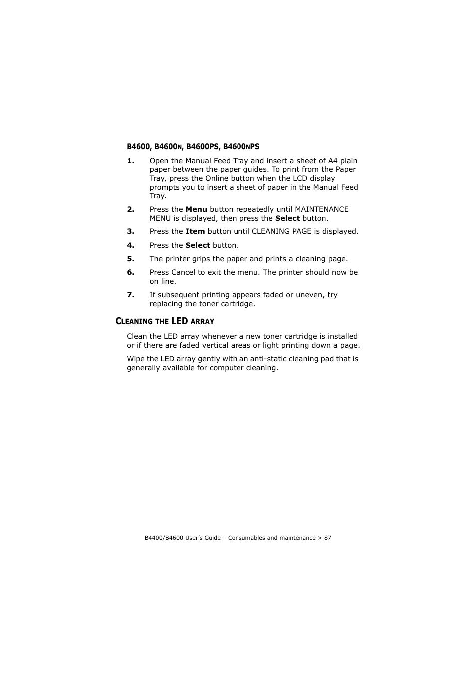 B4600, b4600n, b4600ps, b4600nps, Cleaning the led array | Oki B4400 Series User Manual | Page 87 / 104