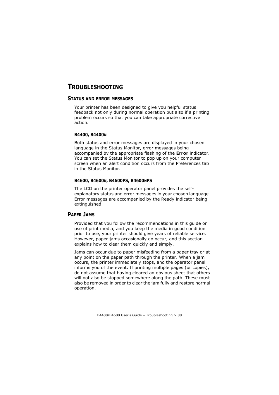 Troubleshooting, Status and error messages, B4400, b4400n | B4600, b4600n, b4600ps, b4600nps, Paper jams, B4400, b4400n b4600, b4600n, b4600ps, b4600nps, Roubleshooting | Oki B4400 Series User Manual | Page 88 / 104