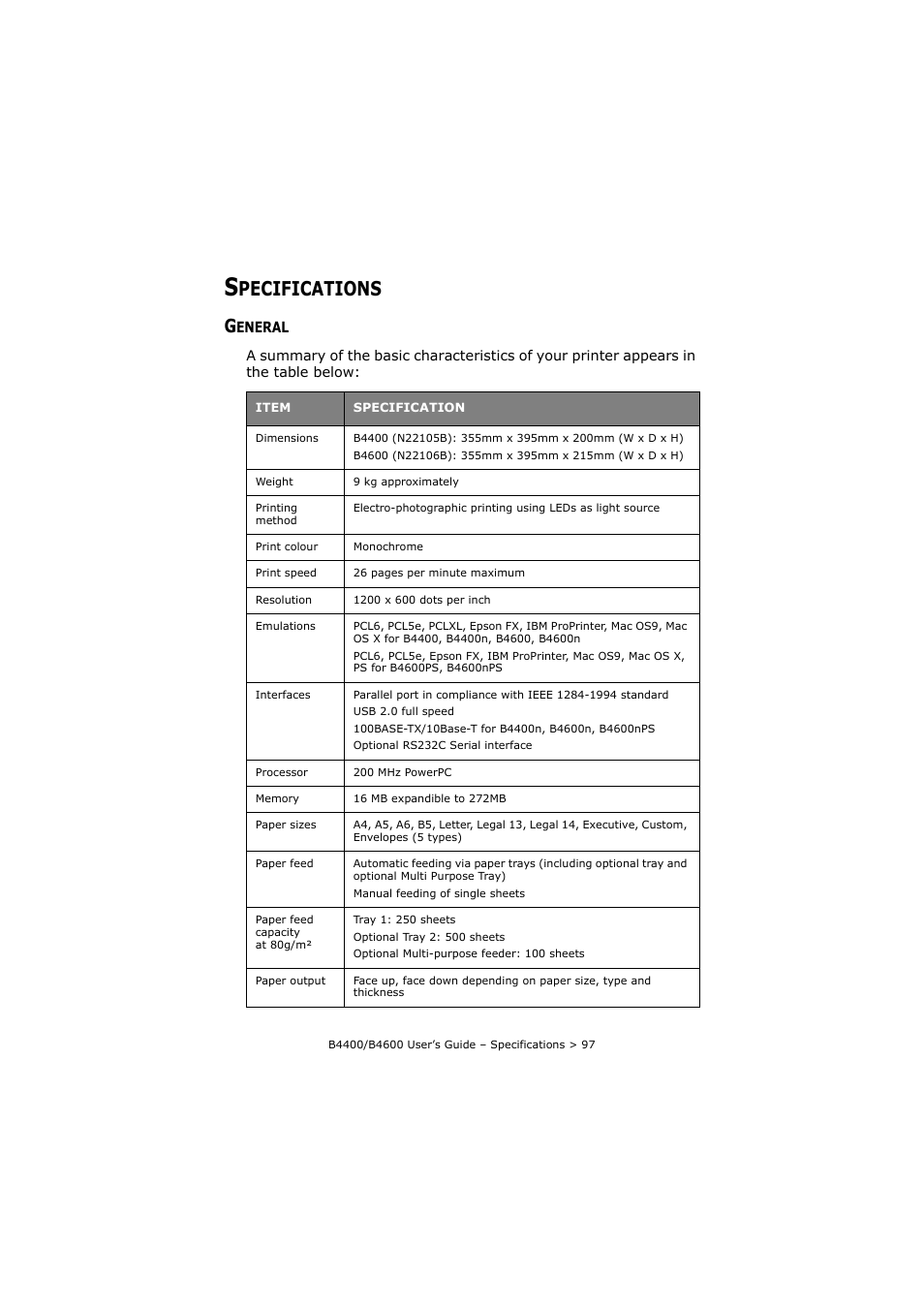 Specifications, General, Pecifications | Oki B4400 Series User Manual | Page 97 / 104