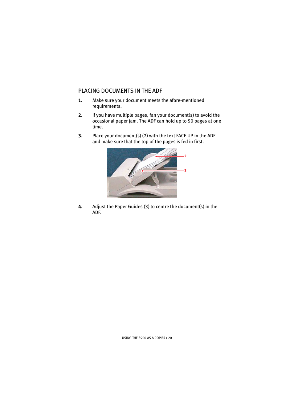 Placing documents in the adf | Oki S900 User Manual | Page 20 / 85