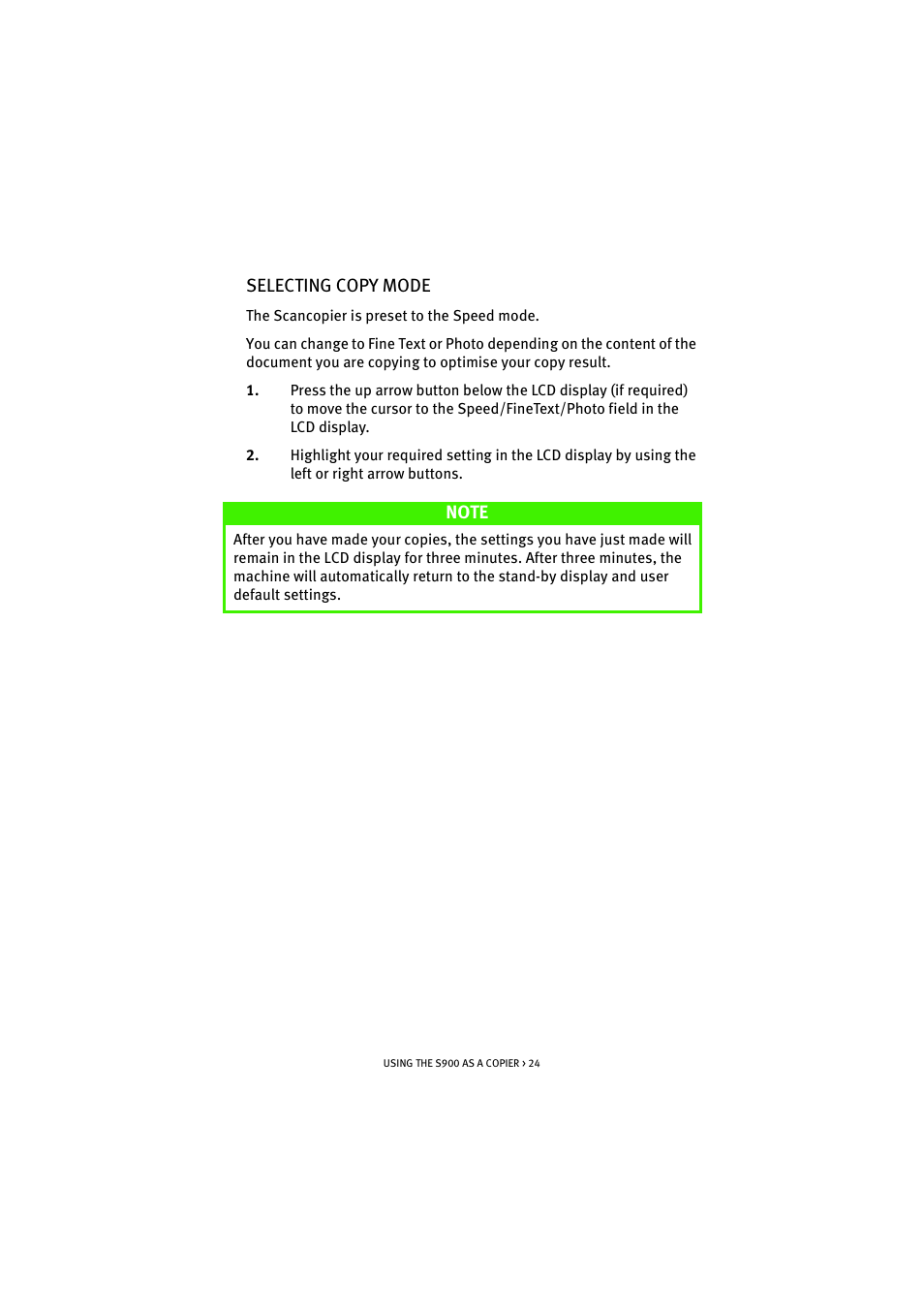 Selecting copy mode | Oki S900 User Manual | Page 24 / 85