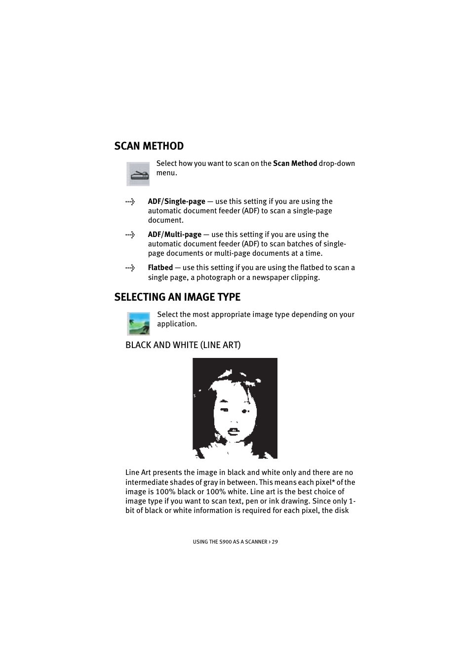 Scan method, Selecting an image type, Black and white (line art) | Scan method selecting an image type | Oki S900 User Manual | Page 29 / 85