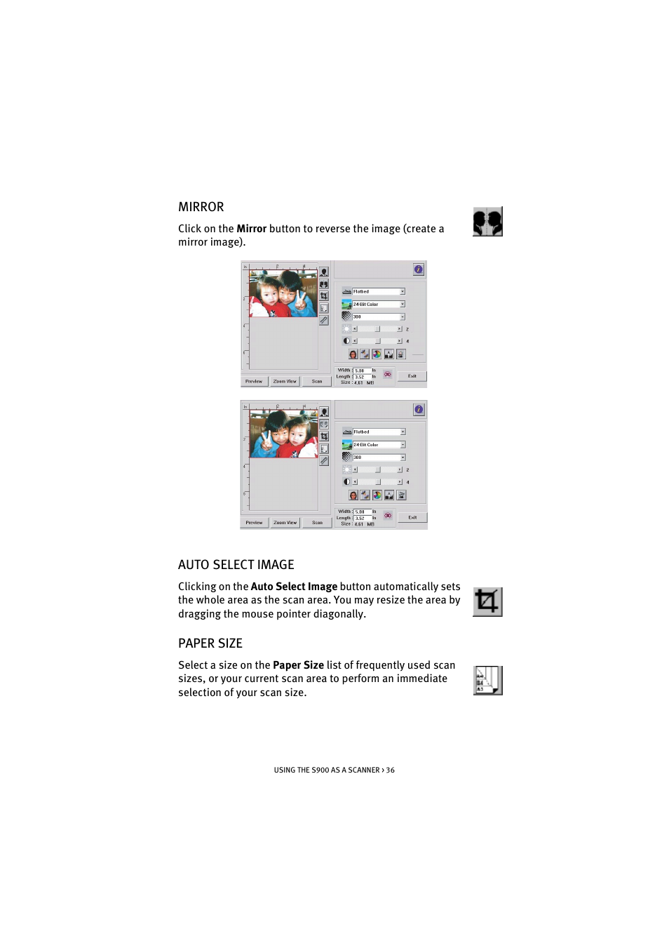 Mirror, Auto select image, Paper size | Mirror auto select image paper size | Oki S900 User Manual | Page 36 / 85