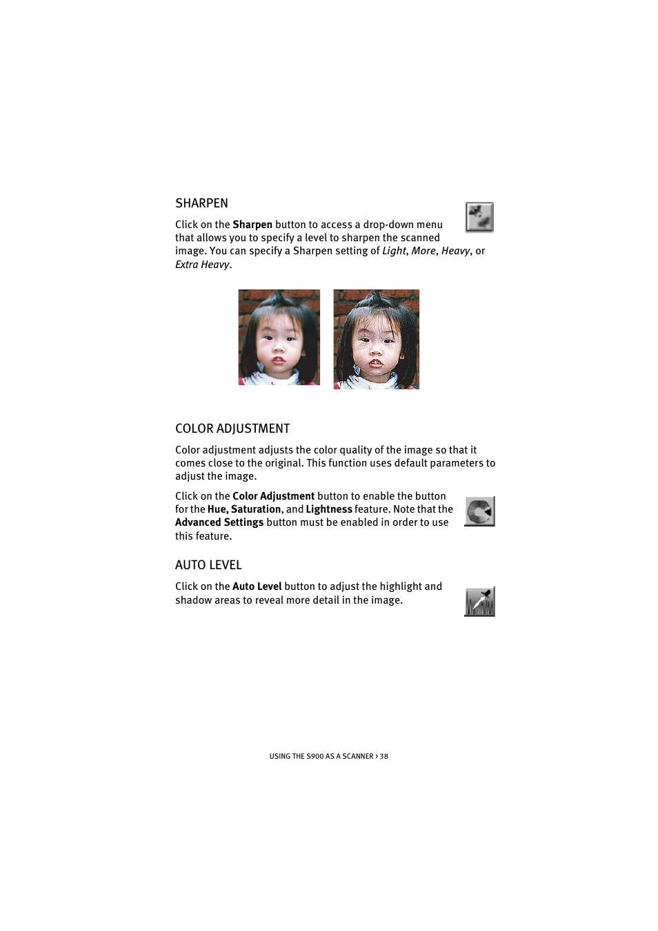 Sharpen, Color adjustment, Auto level | Sharpen color adjustment auto level | Oki S900 User Manual | Page 38 / 85