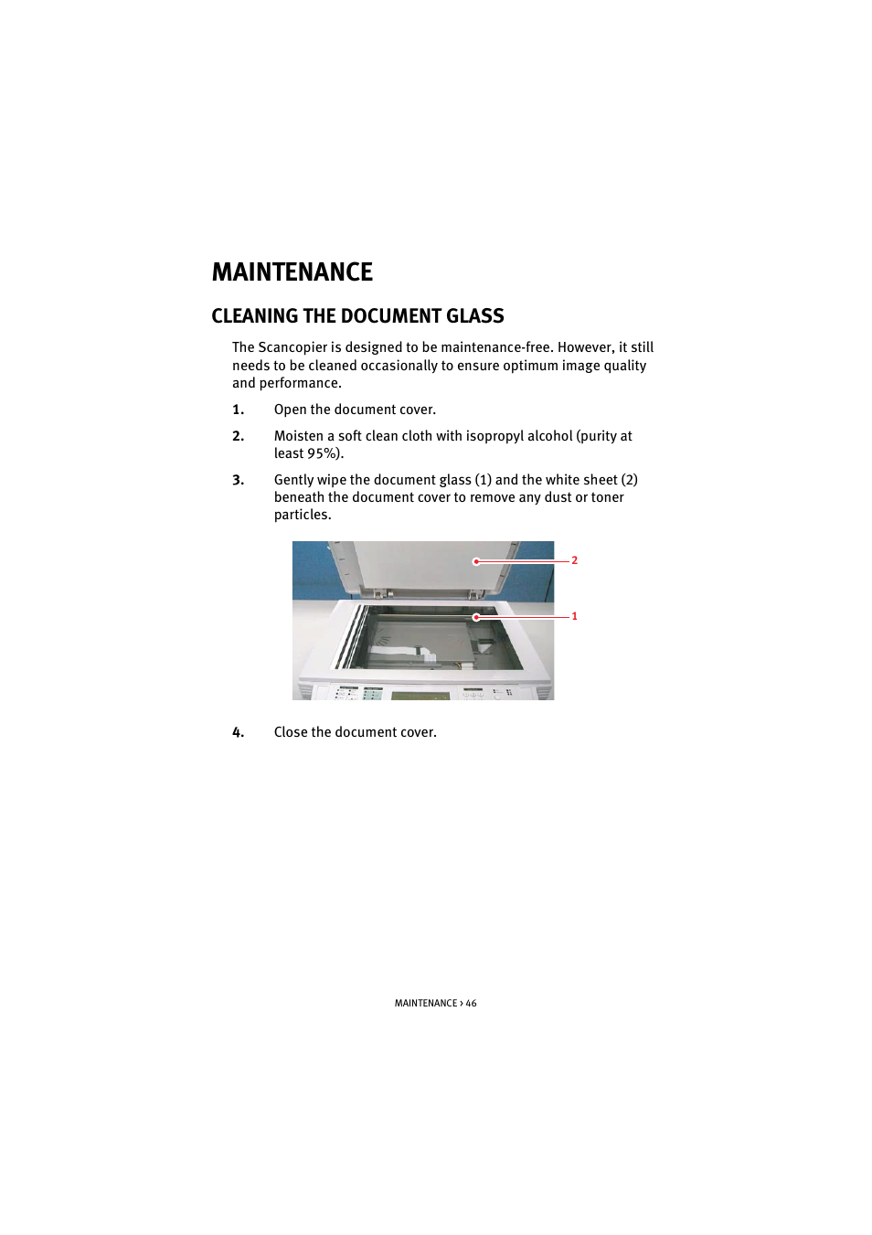 Maintenance, Cleaning the document glass | Oki S900 User Manual | Page 46 / 85