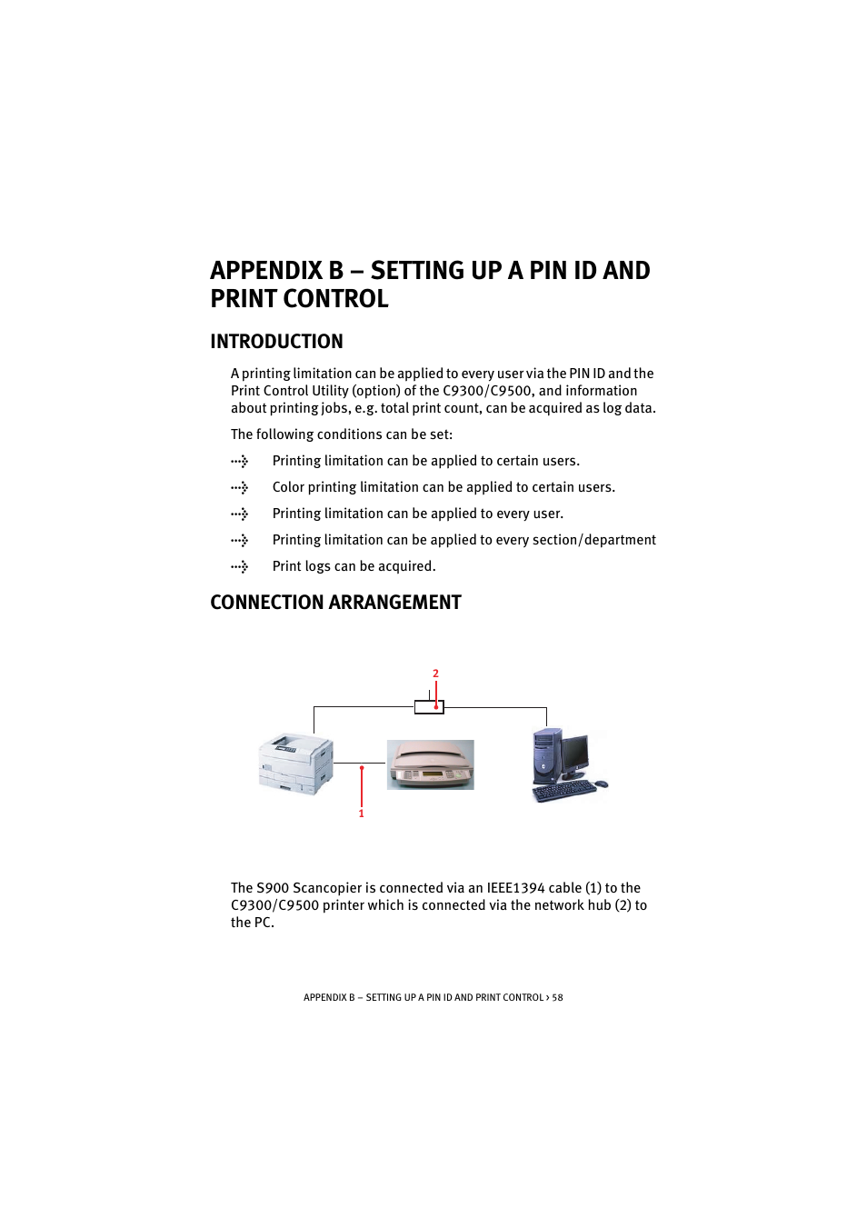 Appendix b – setting up a pin id and print control, Introduction, Connection arrangement | Introduction connection arrangement | Oki S900 User Manual | Page 58 / 85