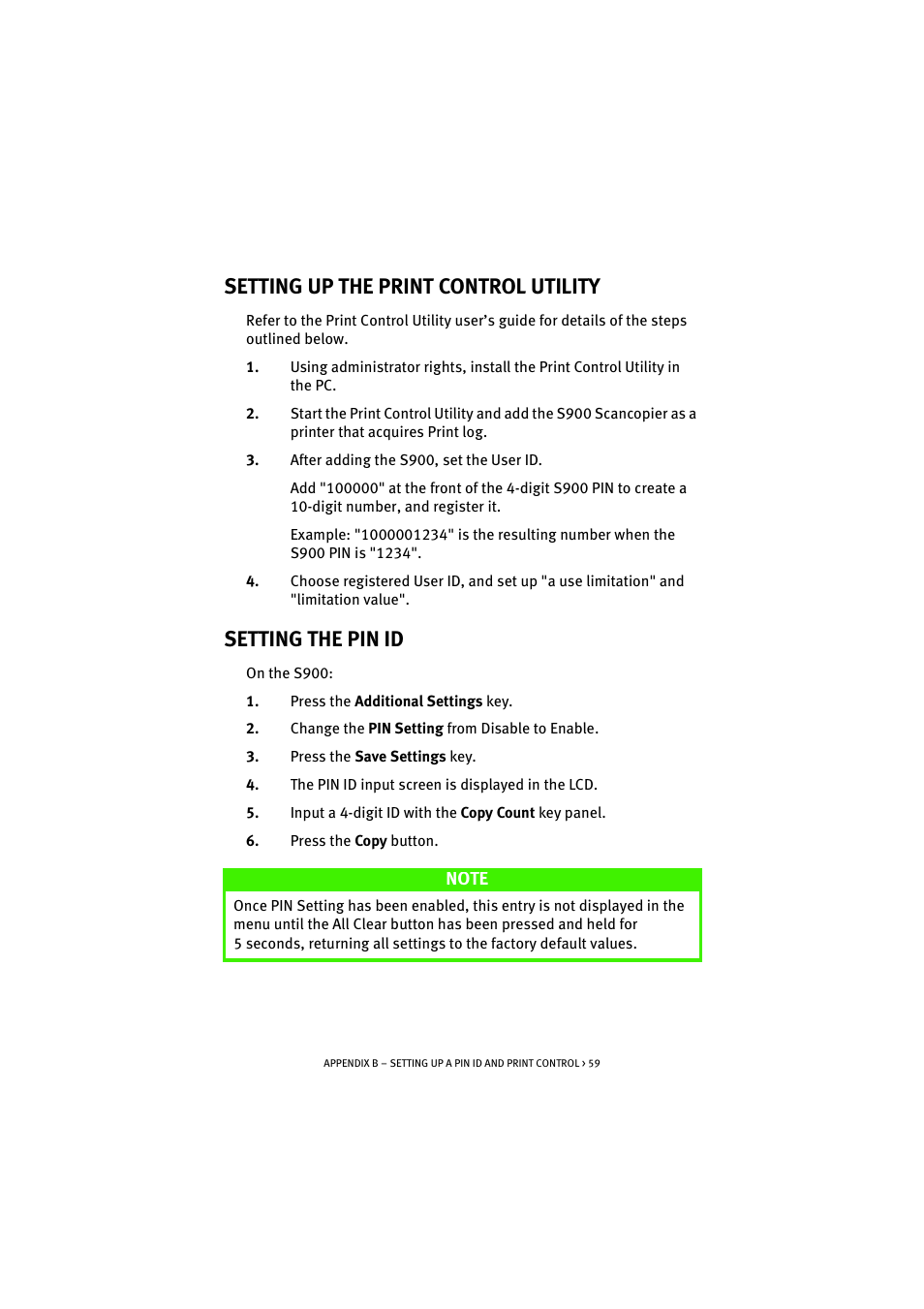 Setting up the print control utility, Setting the pin id | Oki S900 User Manual | Page 59 / 85