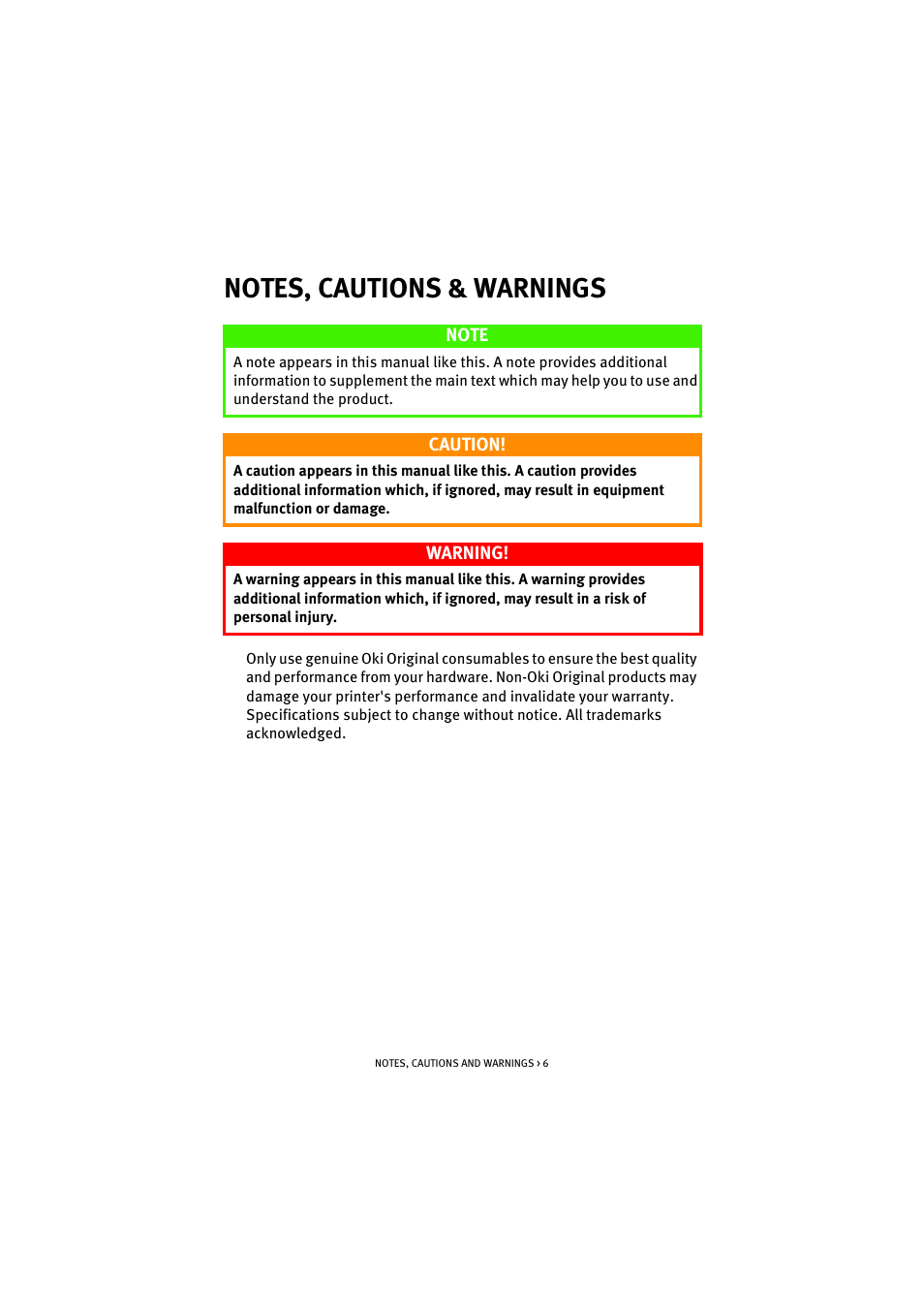 Notes, cautions & warnings | Oki S900 User Manual | Page 6 / 85
