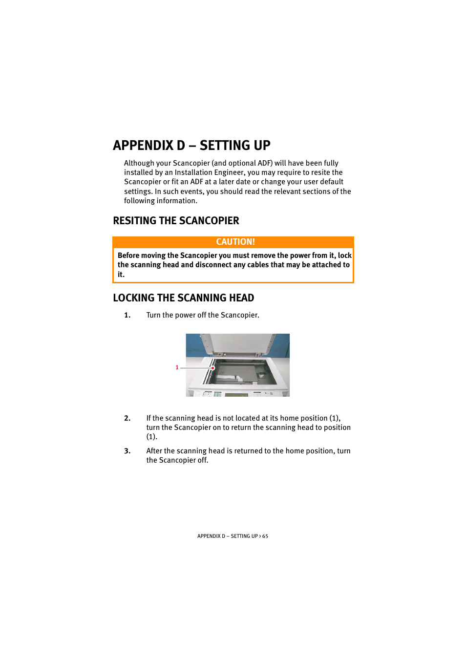 Appendix d – setting up, Resiting the scancopier, Locking the scanning head | Resiting the scancopier locking the scanning head | Oki S900 User Manual | Page 65 / 85