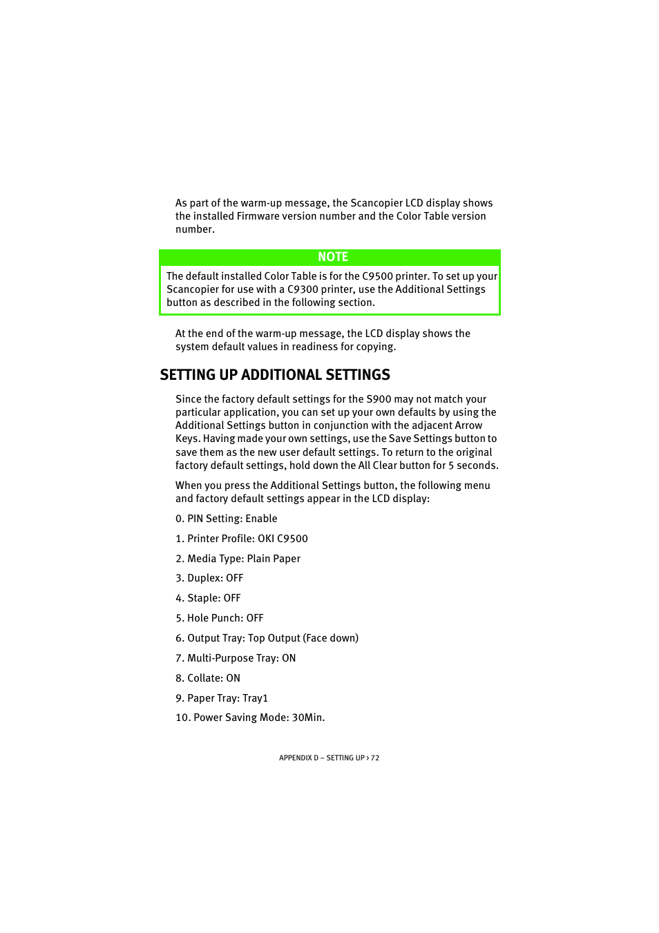 Setting up additional settings | Oki S900 User Manual | Page 72 / 85