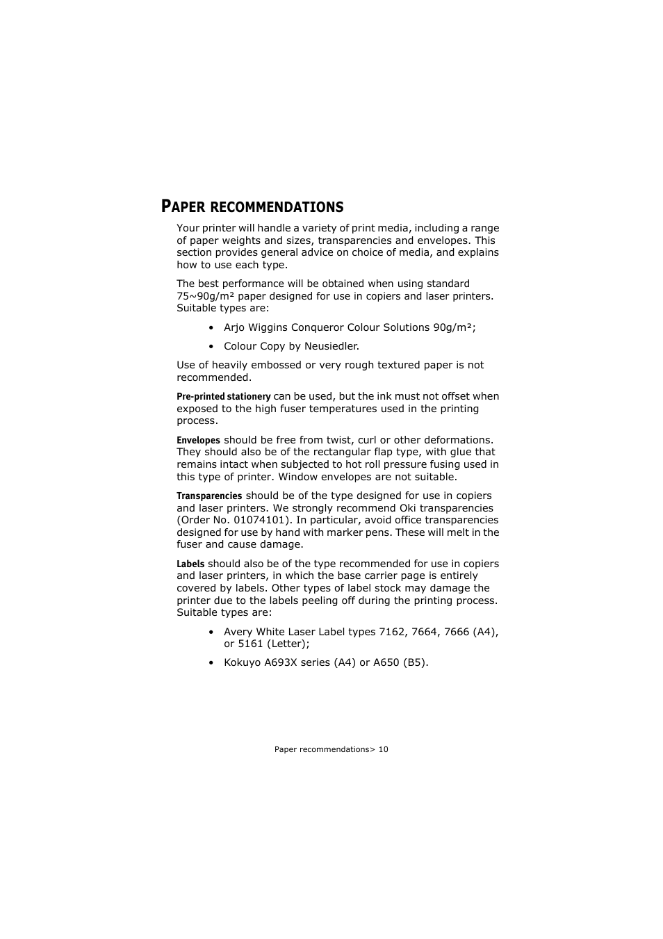 Paper recommendations, Aper, Recommendations | Oki C5250 User Manual | Page 10 / 83