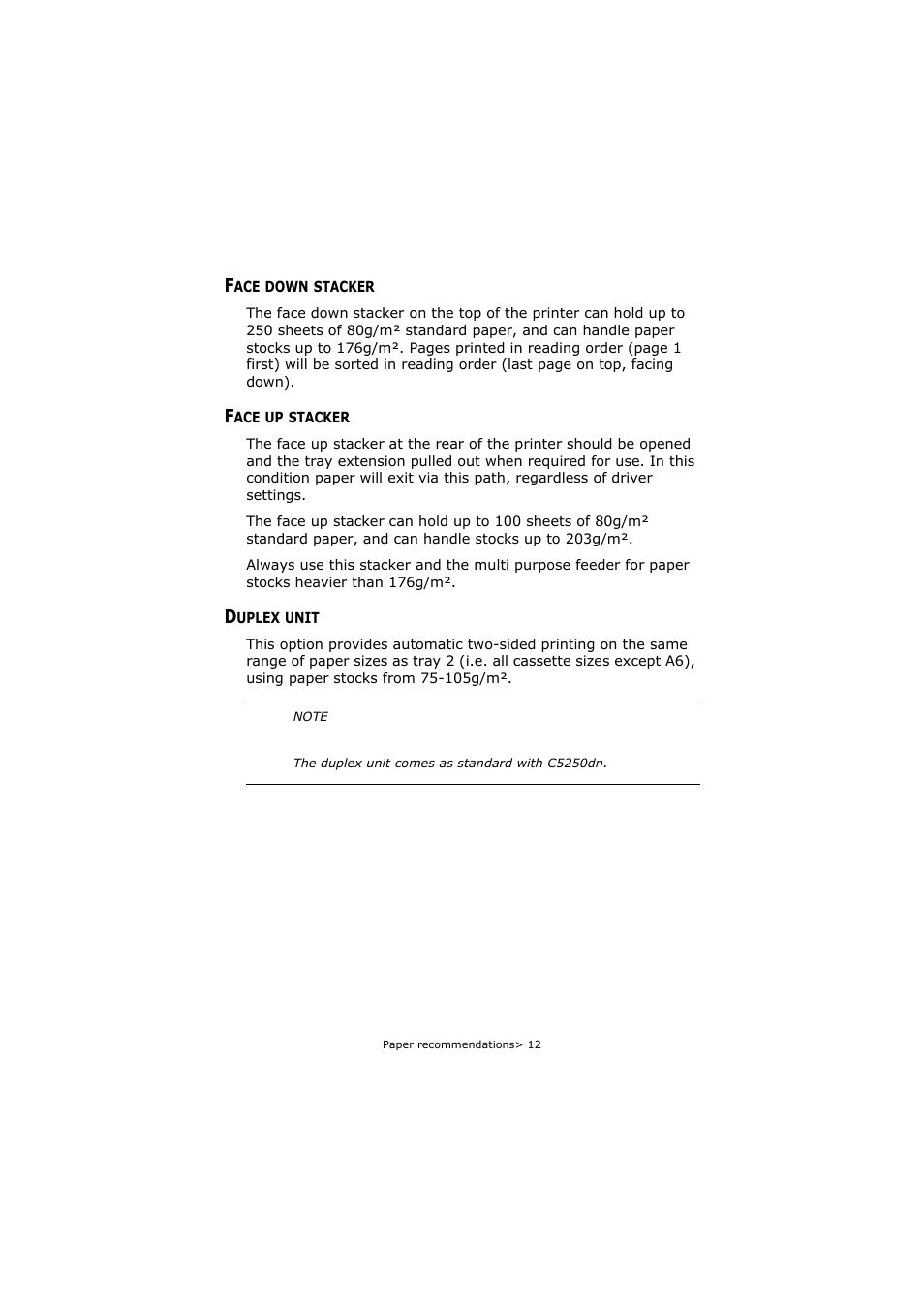 Face down stacker, Face up stacker, Duplex unit | Face down stacker face up stacker duplex unit | Oki C5250 User Manual | Page 12 / 83