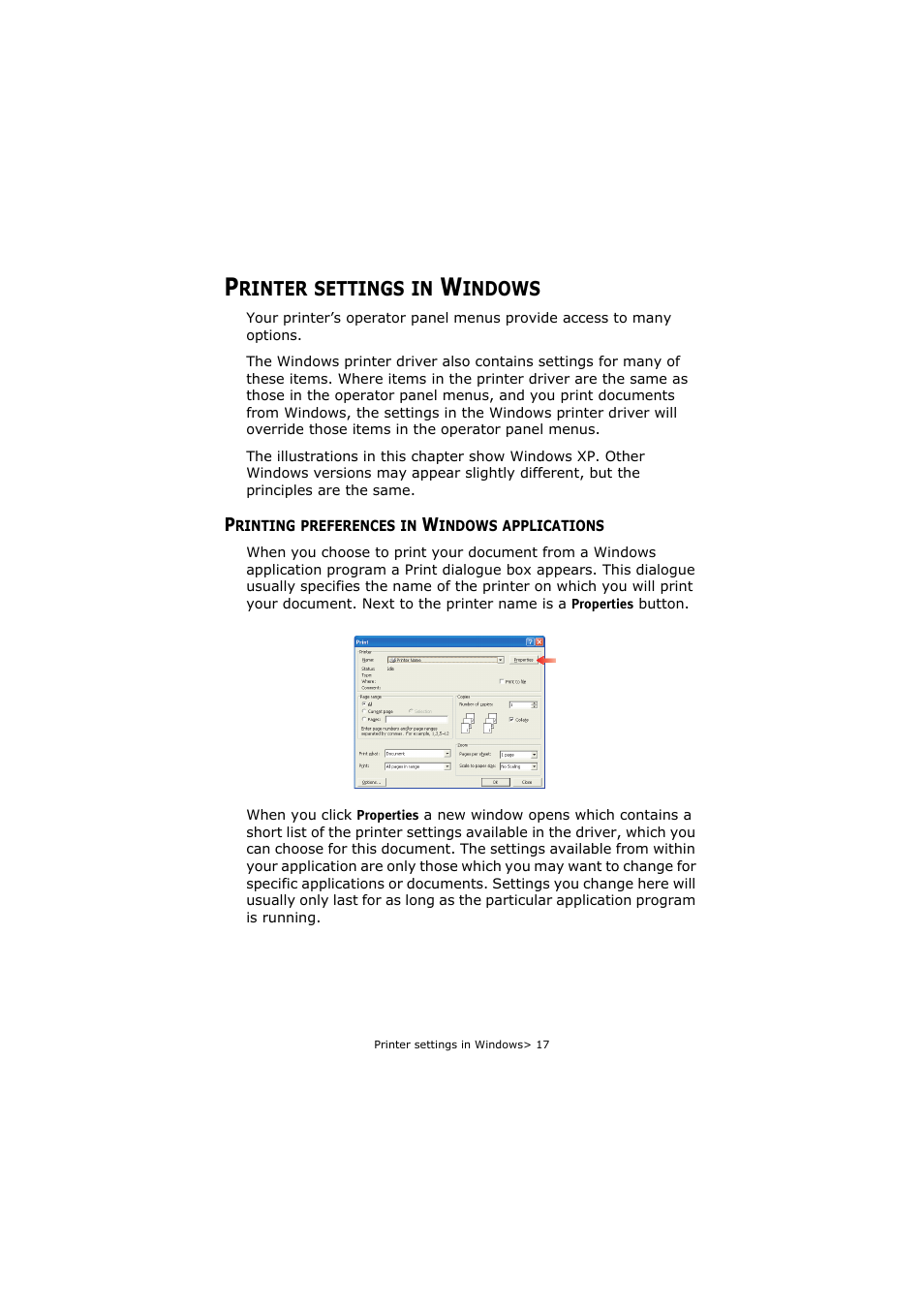 Printer settings in windows, Printing preferences in windows applications | Oki C5250 User Manual | Page 17 / 83