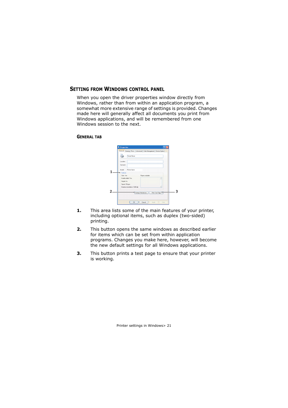 Setting from windows control panel, General tab | Oki C5250 User Manual | Page 21 / 83