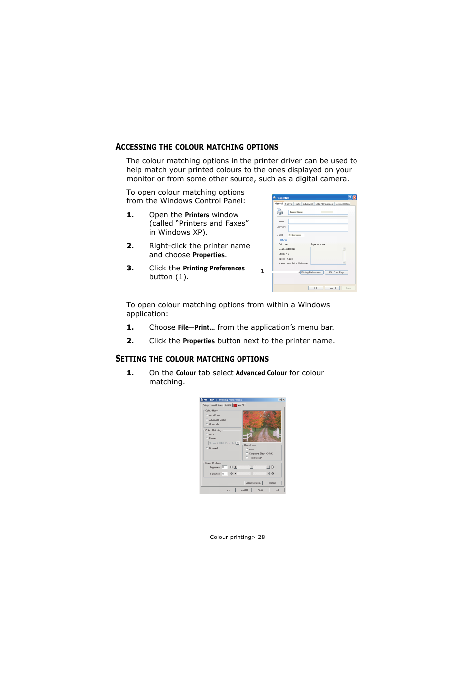 Accessing the colour matching options, Setting the colour matching options | Oki C5250 User Manual | Page 28 / 83