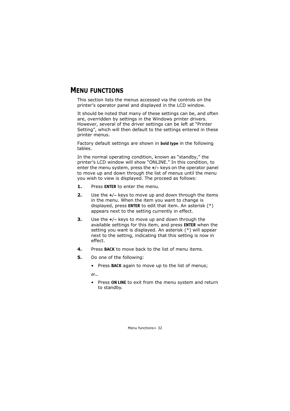 Menu functions, Functions | Oki C5250 User Manual | Page 32 / 83