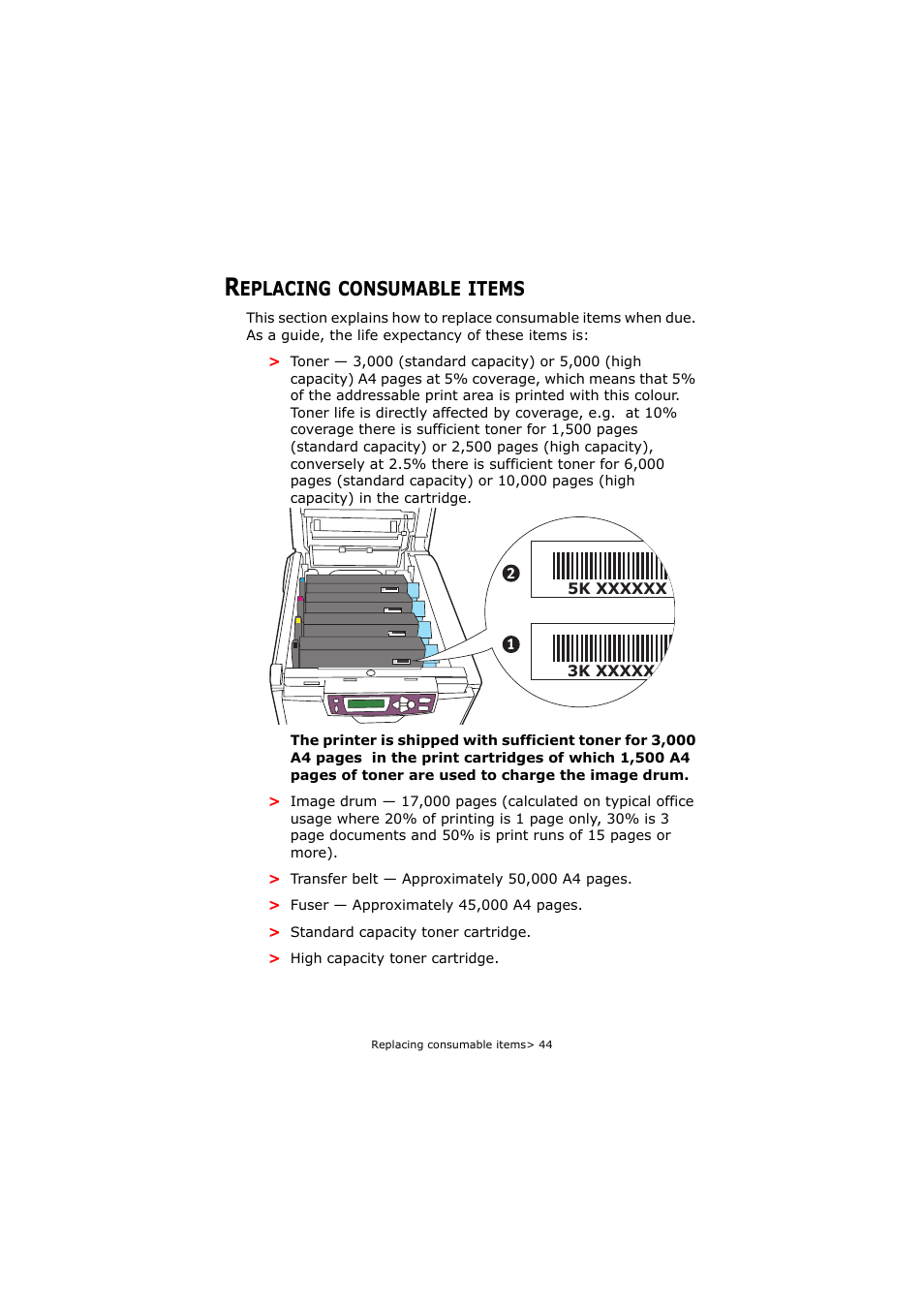 Replacing consumable items, Eplacing, Consumable | Items | Oki C5250 User Manual | Page 44 / 83