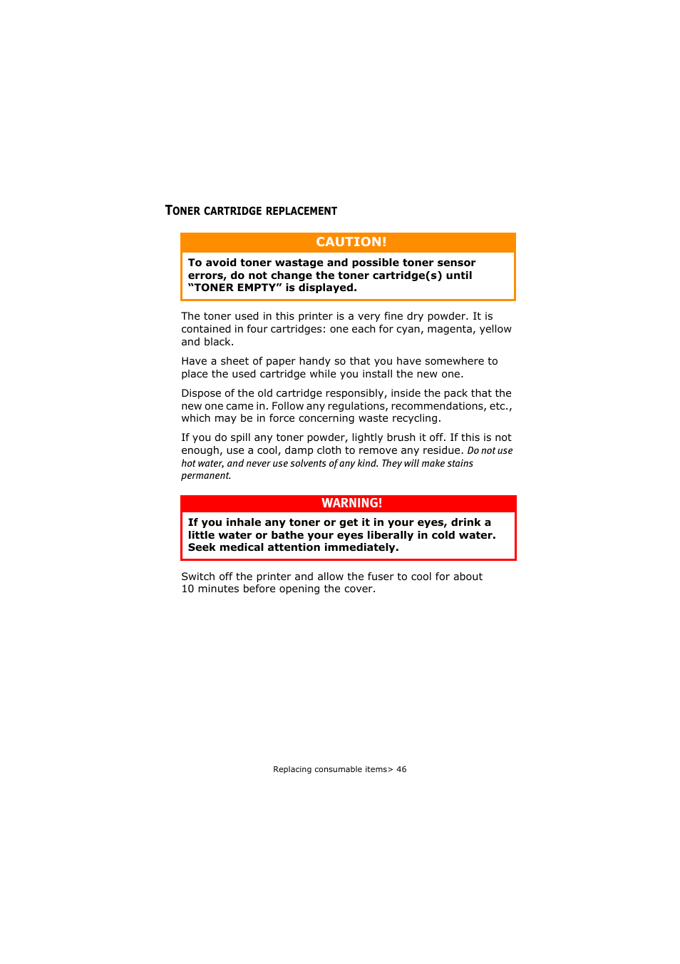 Toner cartridge replacement, Warning | Oki C5250 User Manual | Page 46 / 83