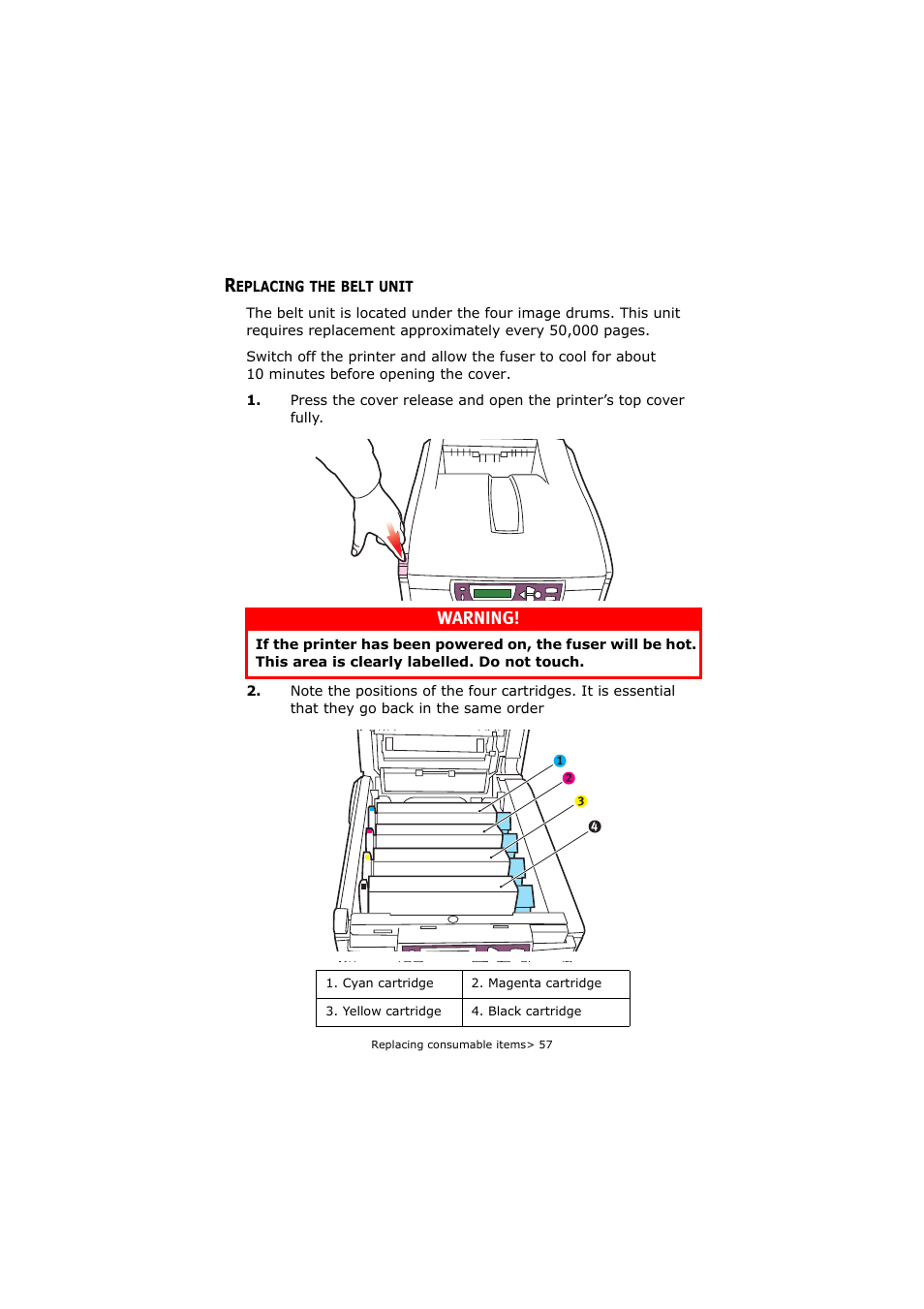 Replacing the belt unit, Warning | Oki C5250 User Manual | Page 57 / 83