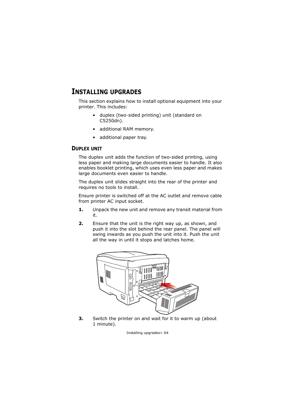 Installing upgrades, Duplex unit, Nstalling | Upgrades | Oki C5250 User Manual | Page 64 / 83