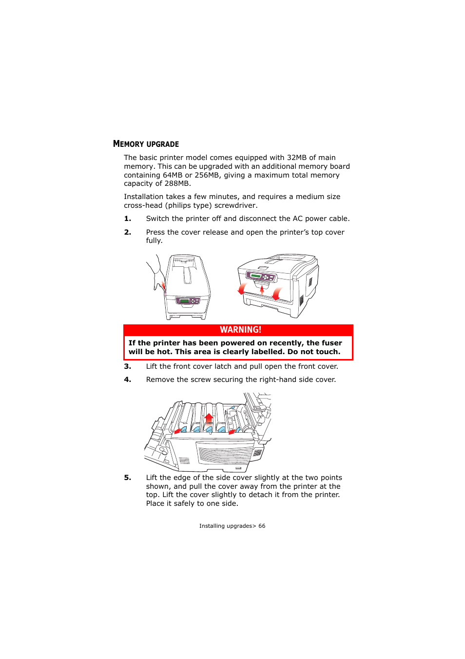 Memory upgrade, Warning | Oki C5250 User Manual | Page 66 / 83
