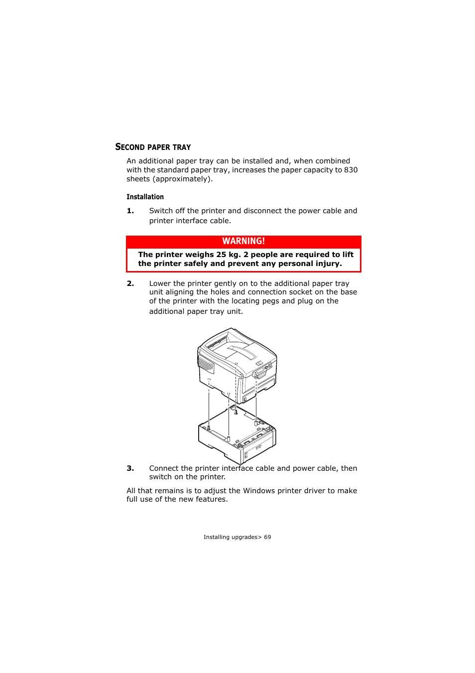 Second paper tray, Warning | Oki C5250 User Manual | Page 69 / 83