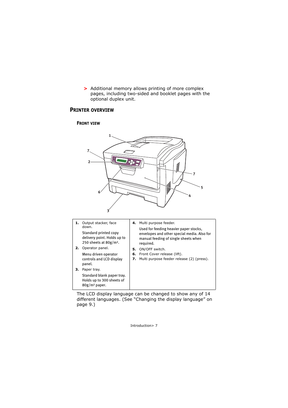 Printer overview, Front view | Oki C5250 User Manual | Page 7 / 83