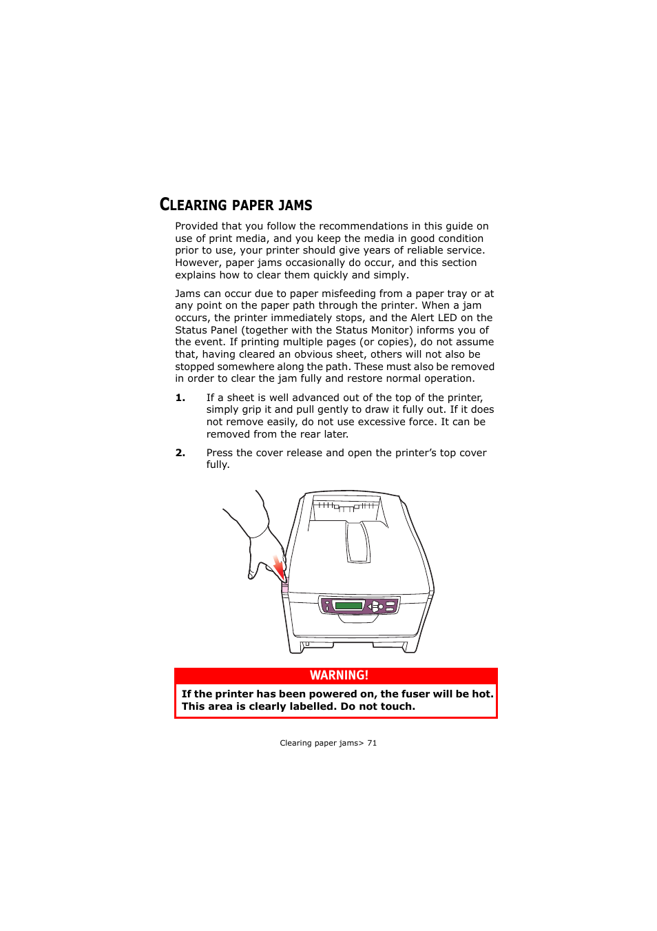 Clearing paper jams | Oki C5250 User Manual | Page 71 / 83