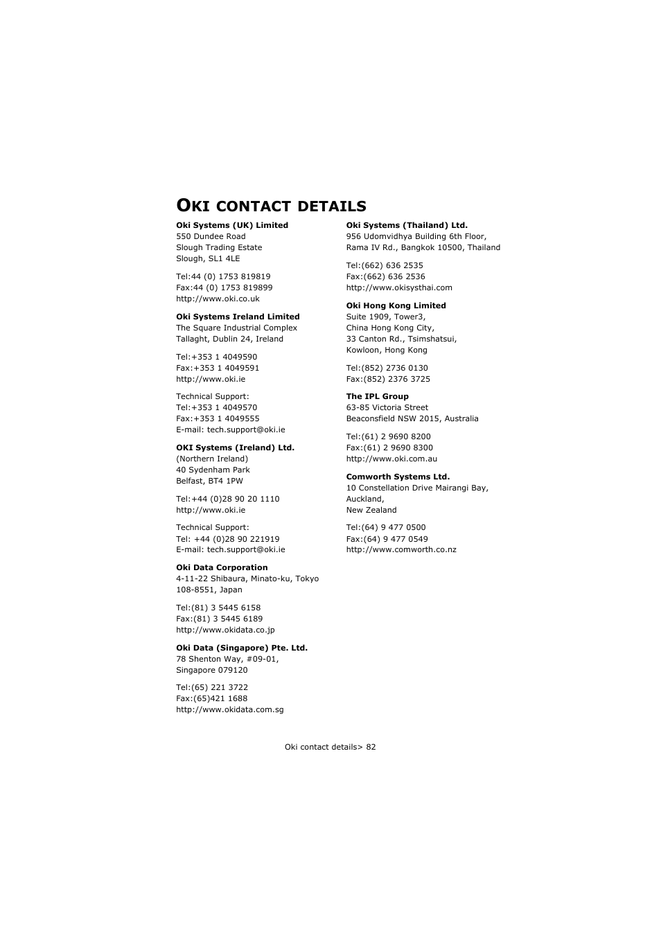 Oki contact details, Contact, Details | Oki C5250 User Manual | Page 82 / 83