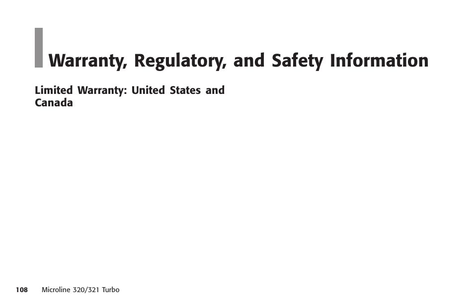 Warranty, regulatory, and safety information, Limited warranty: united states and canada, Warranty | United states and canada, Warranty, regulatory, and safety information 108 | Oki MICROLINE 320 TURBO User Manual | Page 108 / 138