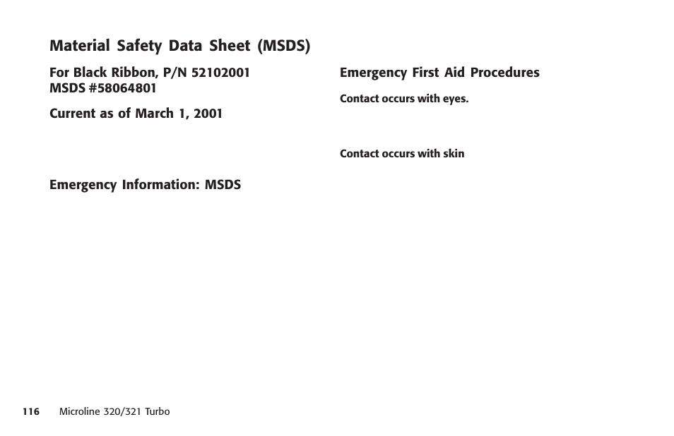 Material safety data sheet (msds), Emergency information: msds, Emergency information | First aid procedures | Oki MICROLINE 320 TURBO User Manual | Page 116 / 138