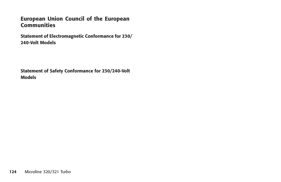 European union council of the european communities, Electromagnetic conformance, Europe | Oki MICROLINE 320 TURBO User Manual | Page 124 / 138