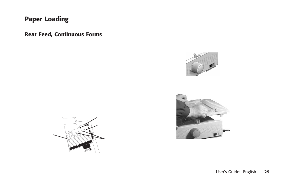 Paper loading, Pins (graphic), Single-part forms | Lock lever (graphic), Rear feed, Loading, Single sheet, Rear feed position (graphic), Tractor covers | Oki MICROLINE 320 TURBO User Manual | Page 29 / 138