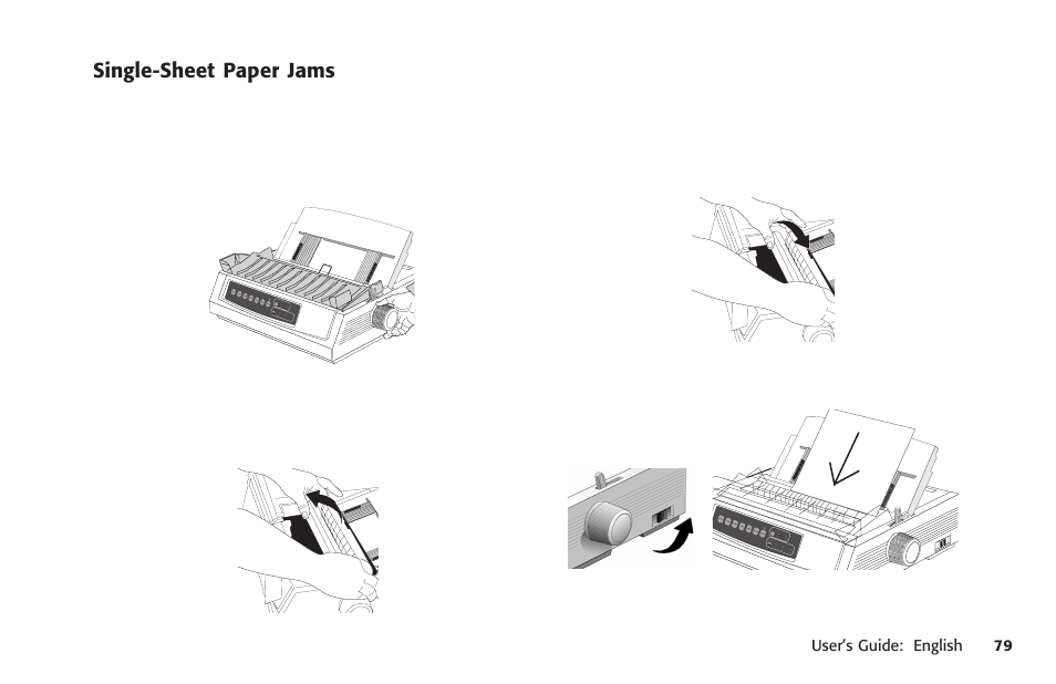 Single sheet, Jams, Single-sheet paper jams | 6 turn on the printer. load paper | Oki MICROLINE 320 TURBO User Manual | Page 79 / 138