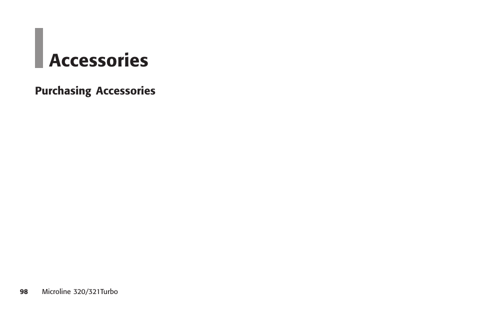 Accessories, Purchasing accessories, Purchasing | Options, Parts, replacement, Model number, Parts and accessories, Replacement parts, Accessories 8 | Oki MICROLINE 320 TURBO User Manual | Page 98 / 138