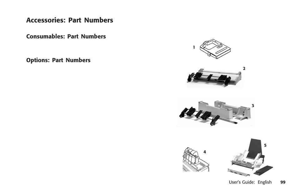 Accessories: part numbers, Consumables: part numbers, Options: part numbers | Part numbers, Pull tractor (option), Ribbon cartridge, Cut sheet feeder, Serial interface (option), Descriptions, Cut sheet | Oki MICROLINE 320 TURBO User Manual | Page 99 / 138