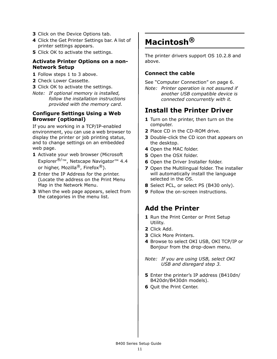 Macintosh, Install the printer driver, Add the printer | Oki B430DN User Manual | Page 11 / 48