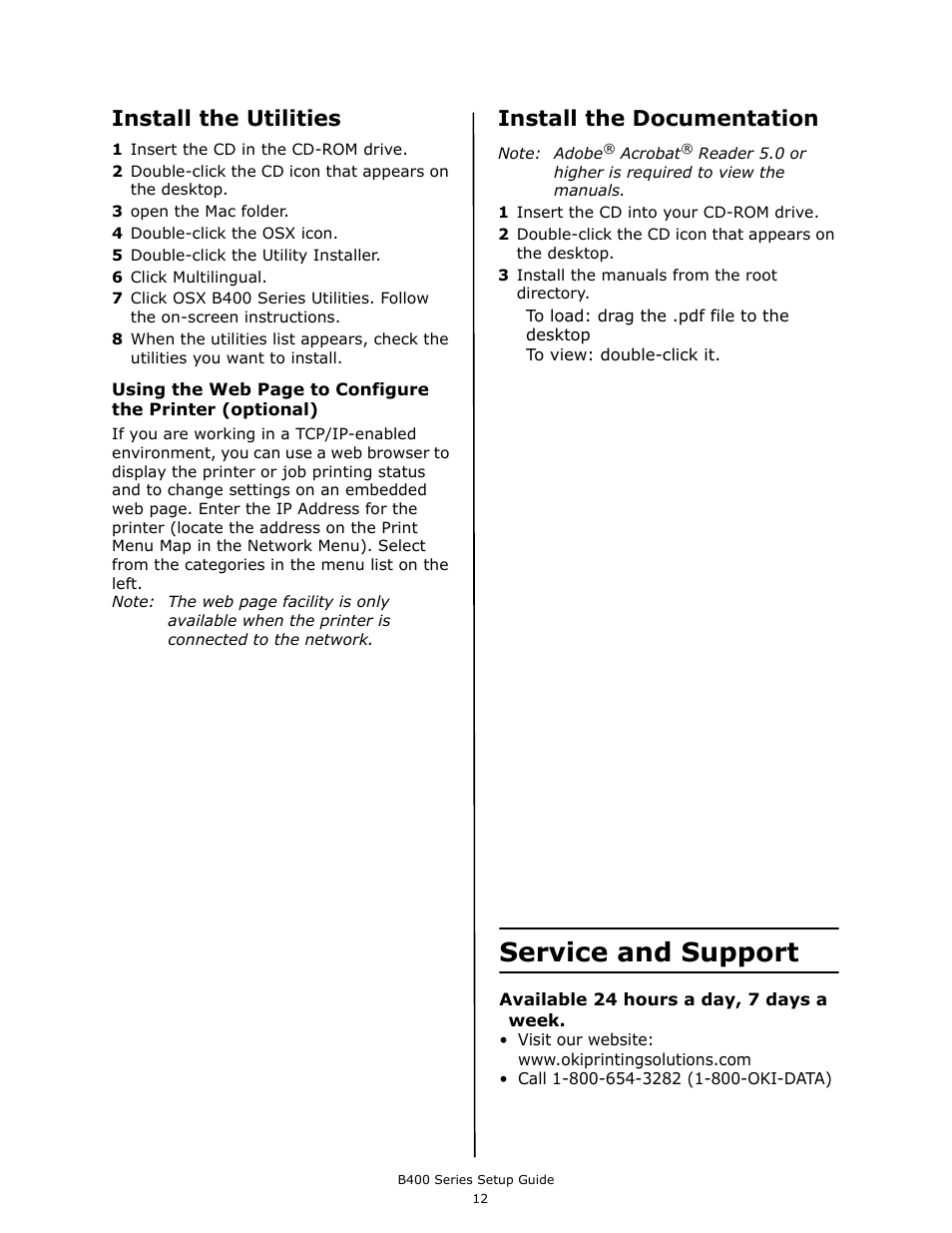 Service and support, Install the utilities, Install the documentation | Oki B430DN User Manual | Page 12 / 48