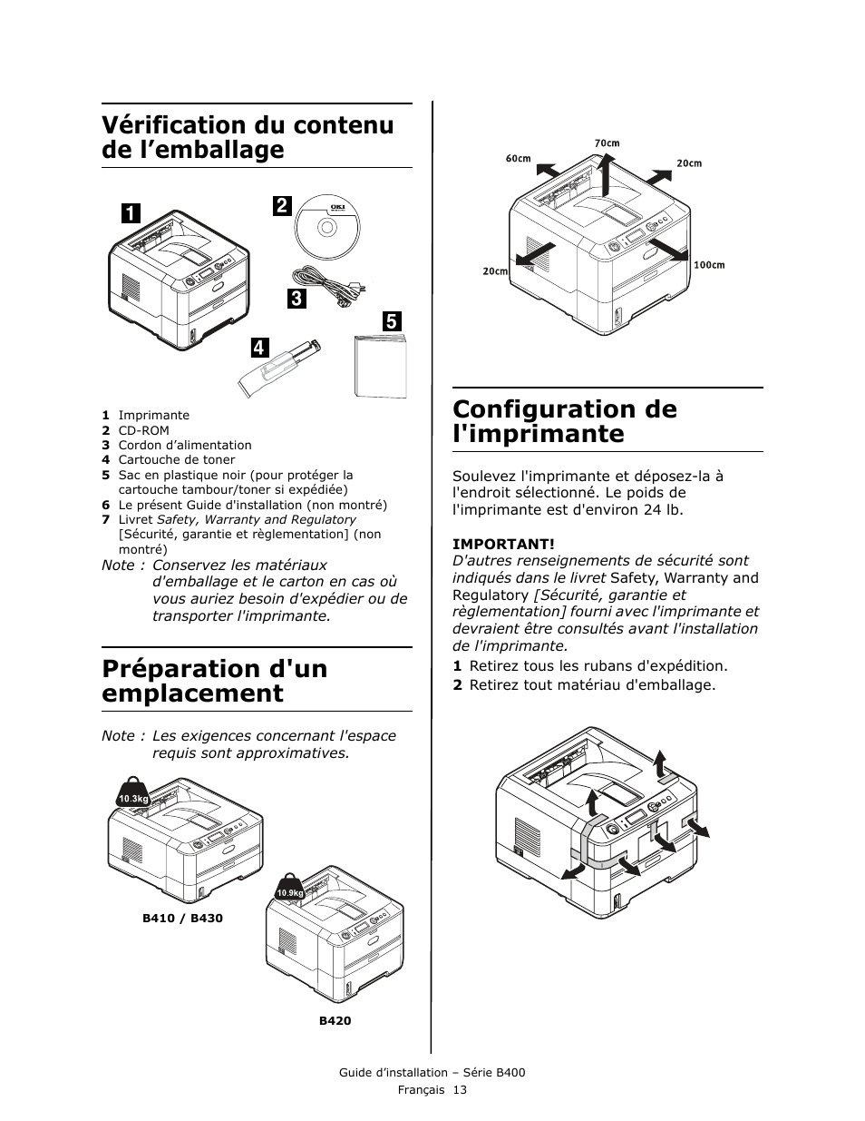 Vérification du contenu de l’emballage, Préparation d'un emplacement, Configuration de l'imprimante | Oki B430DN User Manual | Page 13 / 48
