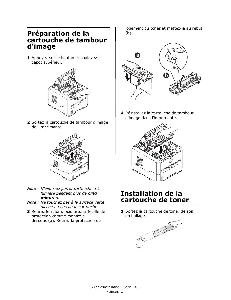 Préparation de la cartouche de tambour d’image, Installation de la cartouche de toner | Oki B430DN User Manual | Page 14 / 48