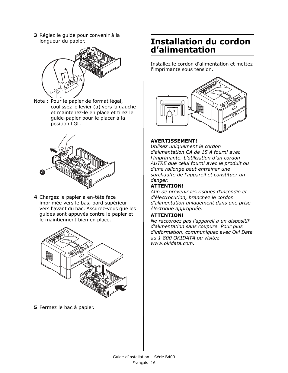 Installation du cordon d’alimentation | Oki B430DN User Manual | Page 16 / 48