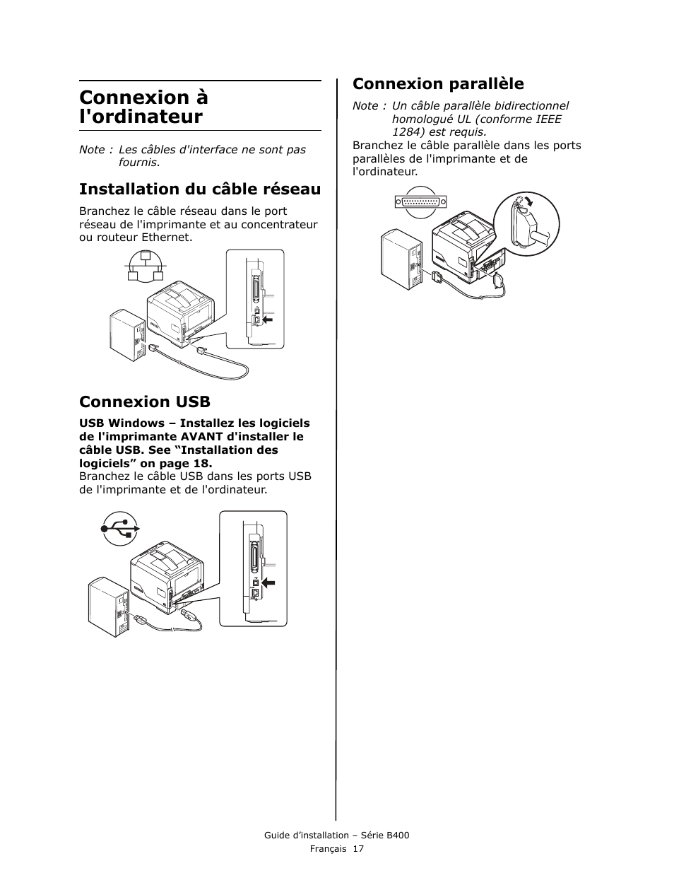 Connexion à l'ordinateur, Installation du câble réseau, Connexion usb | Connexion parallèle | Oki B430DN User Manual | Page 17 / 48