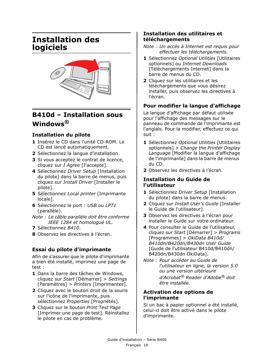 Installation des logiciels, B410d – installation sous windows | Oki B430DN User Manual | Page 18 / 48