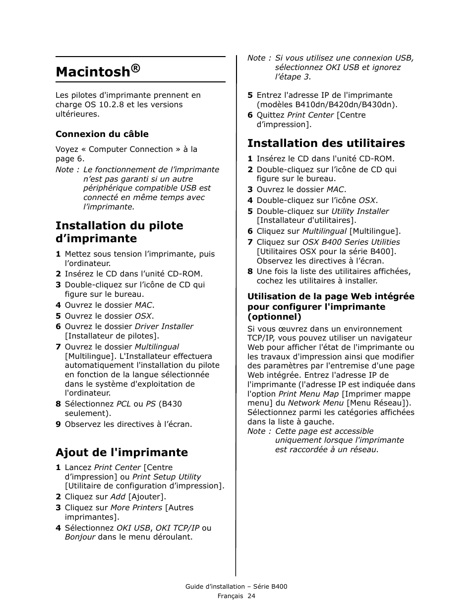 Macintosh, Installation du pilote d’imprimante, Ajout de l'imprimante | Installation des utilitaires | Oki B430DN User Manual | Page 24 / 48