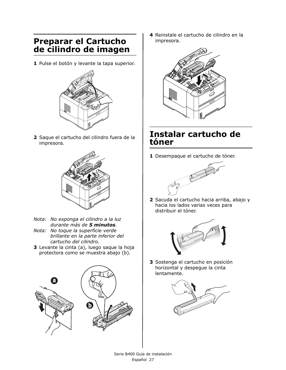 Preparar el cartucho de cilindro de imagen, Instalar cartucho de tóner | Oki B430DN User Manual | Page 27 / 48
