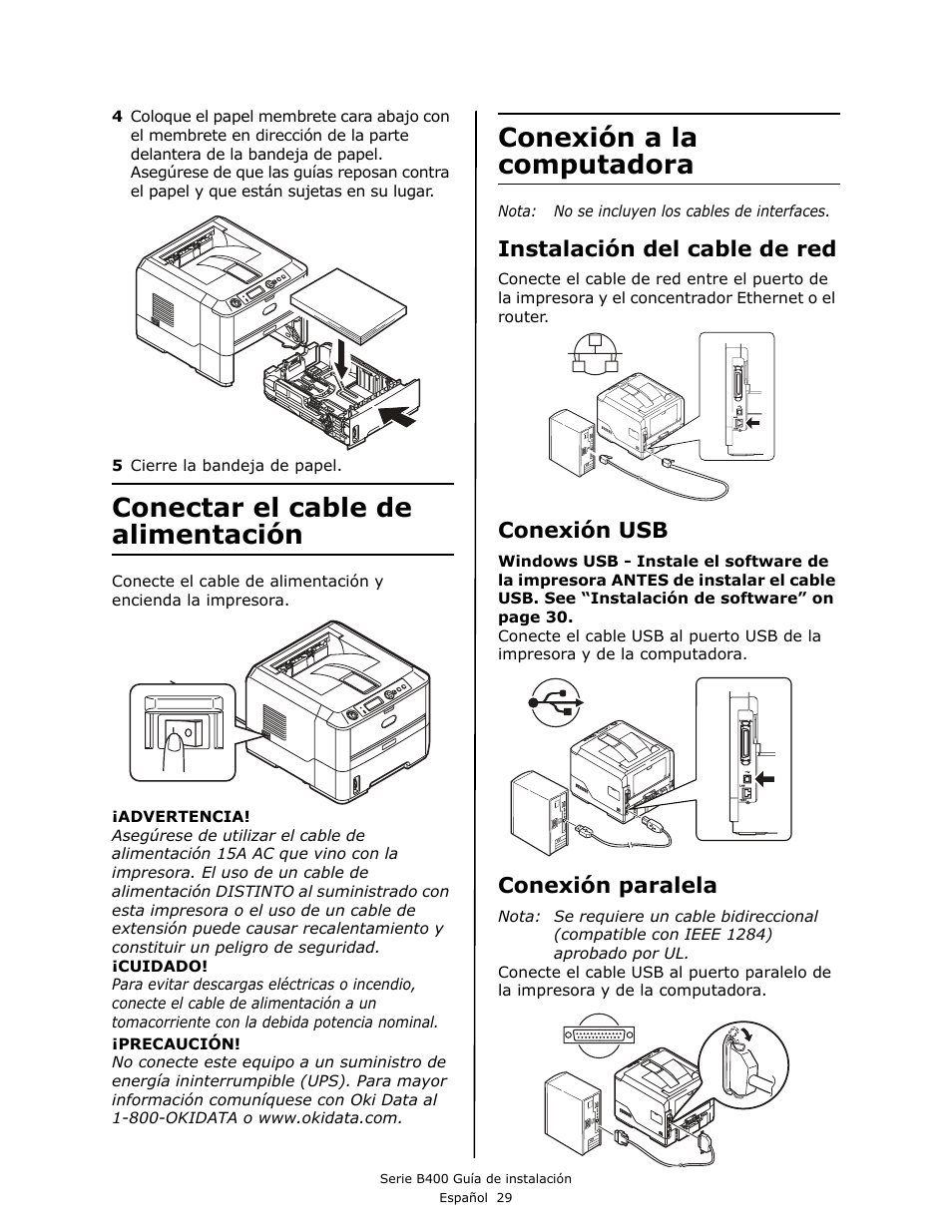 Conectar el cable de alimentación, Conexión a la computadora, Instalación del cable de red | Conexión usb, Conexión paralela | Oki B430DN User Manual | Page 29 / 48
