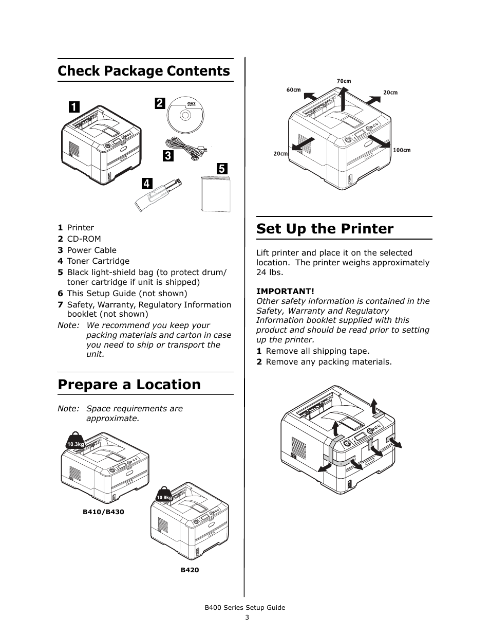 Check package contents, Prepare a location, Set up the printer | Oki B430DN User Manual | Page 3 / 48