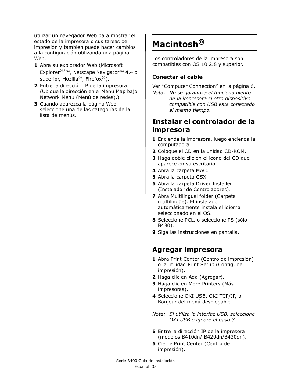 Macintosh, Instalar el controlador de la impresora, Agregar impresora | Oki B430DN User Manual | Page 35 / 48