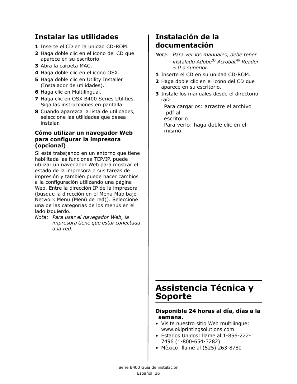 Assistencia técnica y soporte, Instalar las utilidades, Instalación de la documentación | Oki B430DN User Manual | Page 36 / 48