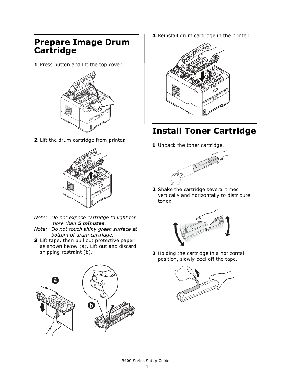 Prepare image drum cartridge, Install toner cartridge | Oki B430DN User Manual | Page 4 / 48